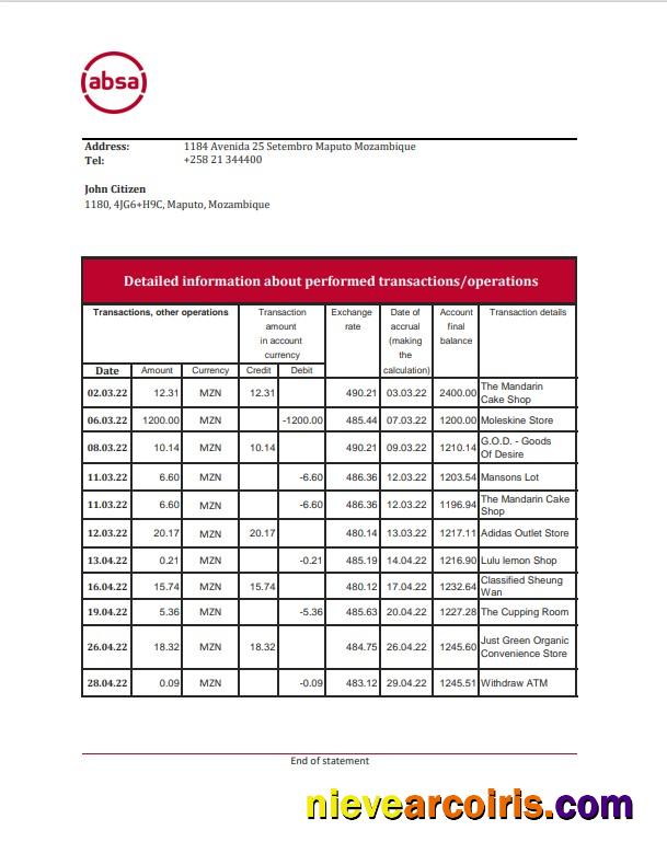Mozambique ABSA bank statement Excel and PDF